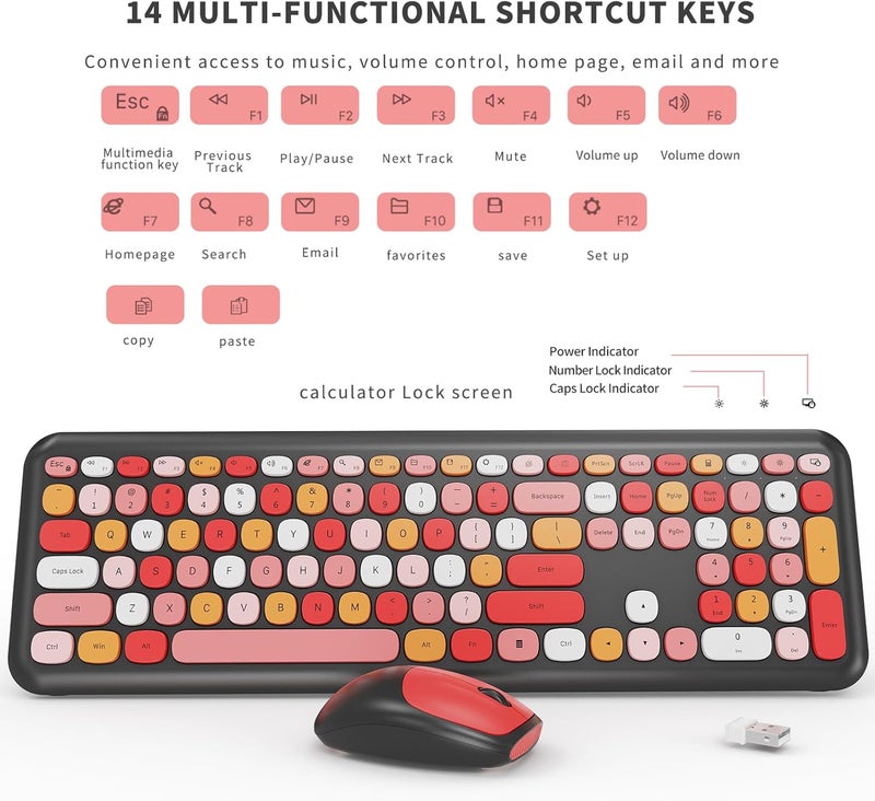 SkyGive Wireless Keyboard and Mouse Combo, Colorful Ergonomic Full Size Retro Low-Noise Keyboard with Cute keycaps, Compatible with Windows, PC, Perfer for Home and Office Keyboards (Black) - Image 3